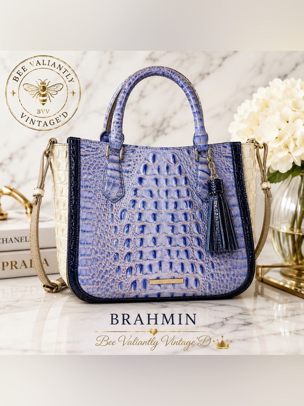 Brahmin Blue Ivory Melbourne Croc Embossed Leather Satchel Tote Bag